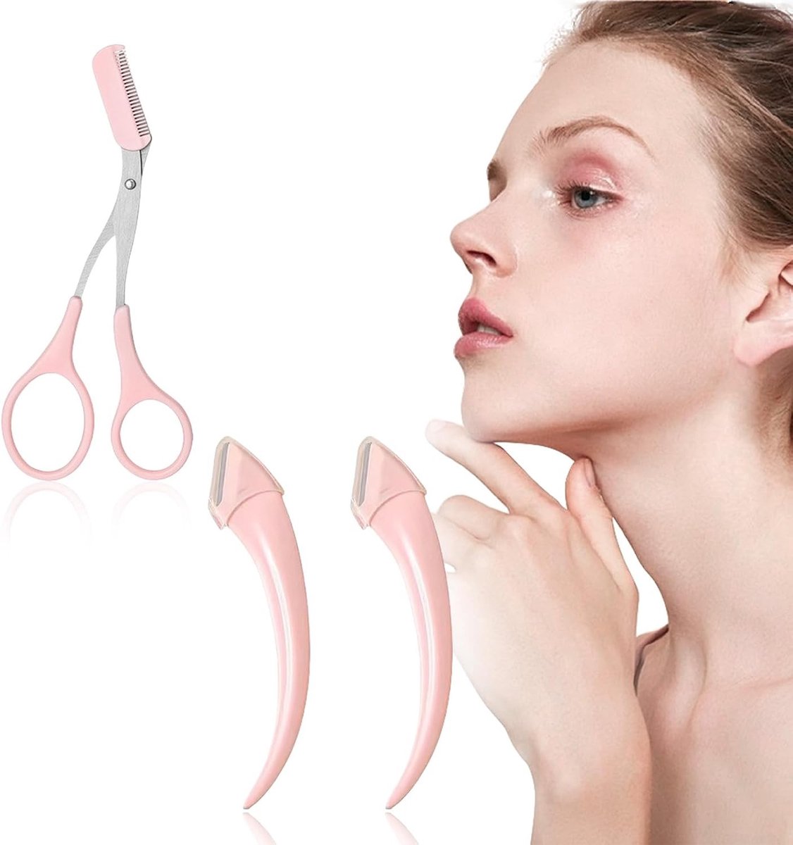 Perfecte Oogbrow Schaar met Kam voor Nauwkeurige Vormgeving, Oogbrow Trimmer en Wimperborstel, Geschikt voor Mannen en Vrouwen, Roze, 3 Stuks
