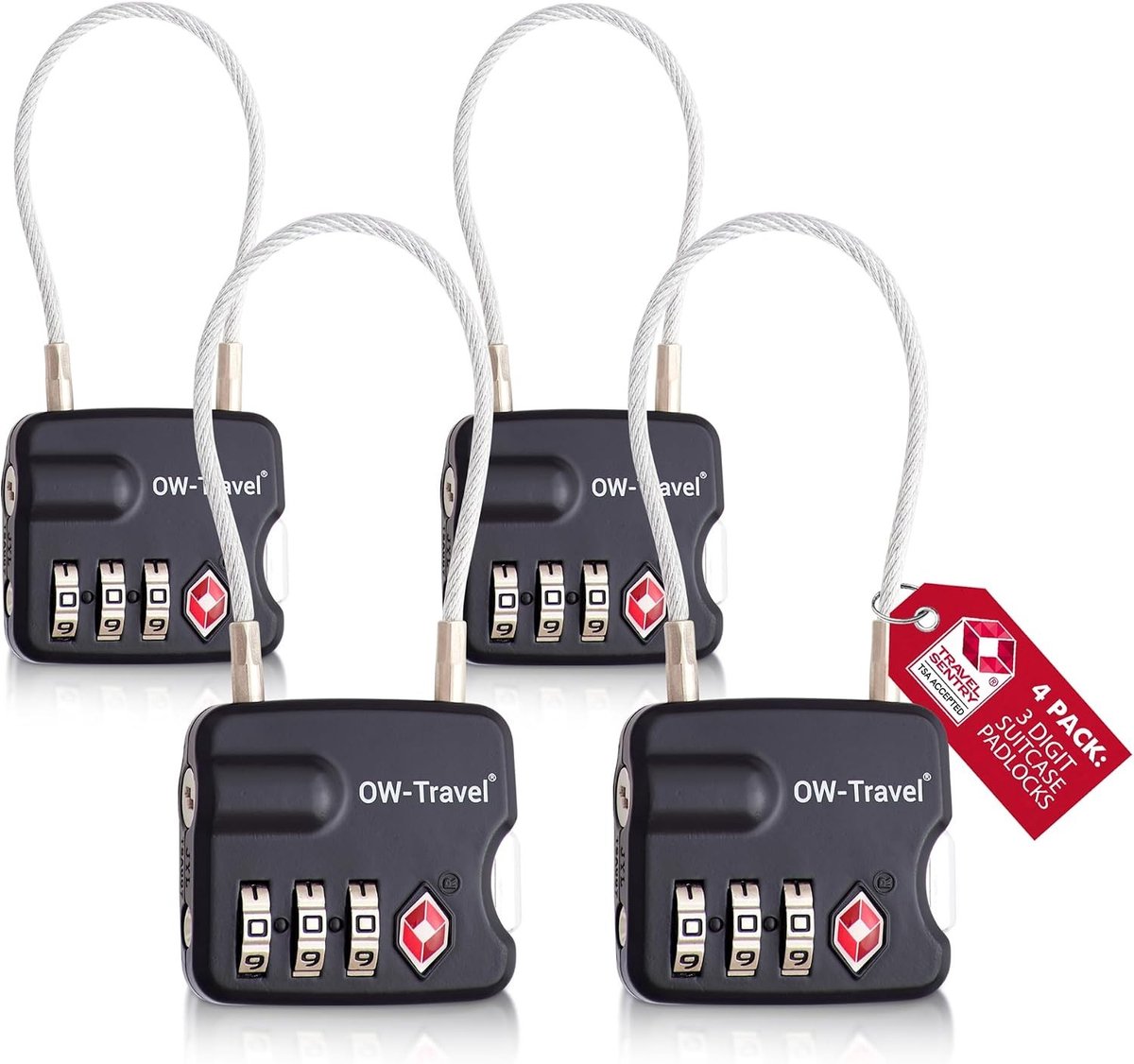 Cijfer-kabelslot 4-cijferig - Zwart - 4 Stuks - TSA-goedgekeurd Kabelslot - Voor Reizen en Bagagebeveiliging