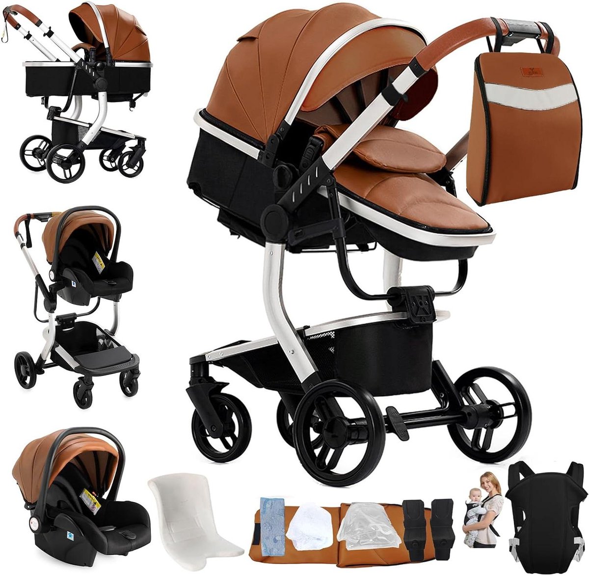 3-in-1 Kinderwagen - Babywagen Reiswieg - Baby Vervoeren - Dubbele Duwmodus - Opvouwbaar - Khaki