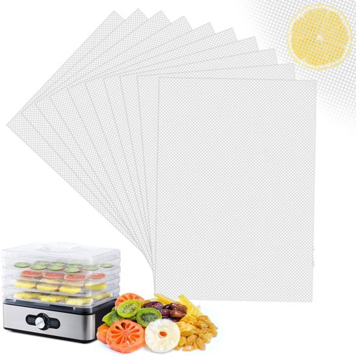 10 stuks siliconen dehydratorbladen, droogfolie voor droogautomaat, 38 x 28 cm, BPA-vrij, herbruikbaar, snijbaar, anti-aanbaklaag, water- en oliebestendig, voor broodjes, knoedels, bakken, gebak