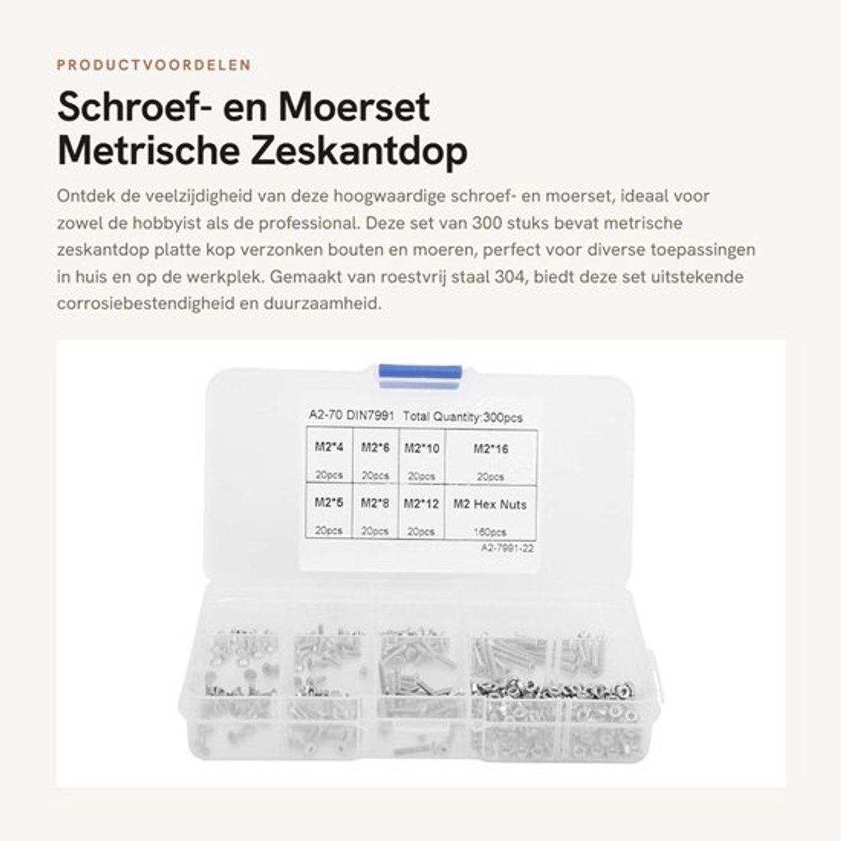 Schroefmoerset 300 Stuks - M2 Zeskantdop - Verzonken Bouten - Schroefmoerassortiment - Roestvrij Staal - Weerstand tegen Corrosie - Boutset