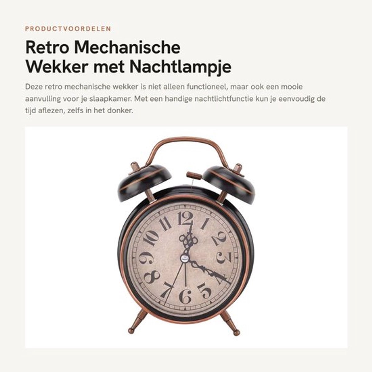 Mechanische Wekker 4" Retro - Nachtlampje - Handklok - Dubbel Bel - Instelbare Alarmtijd - Kunststof 16 x 12 cm