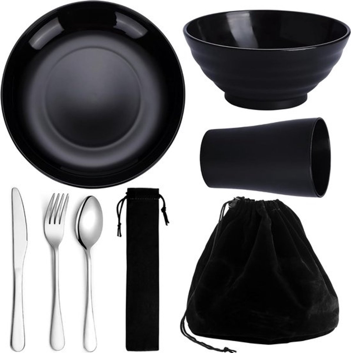 SnelShoppen - Camping Bestek Set met Herbruikbare Bekers, Kom, Borden en RVS Bestek in Zwarte Tas - Vaatwasserbestendig en BPA-vrij, Perfect voor Kamp