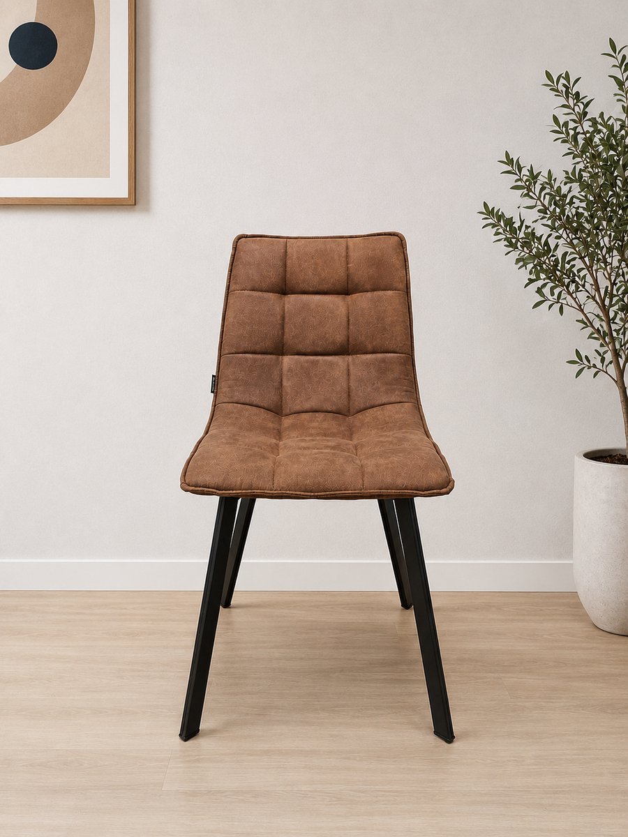 Eetkamerstoel Cognac - Zwart Metalen Onderstel - Zonder Armleuning - Industrieel Design (set van 2)