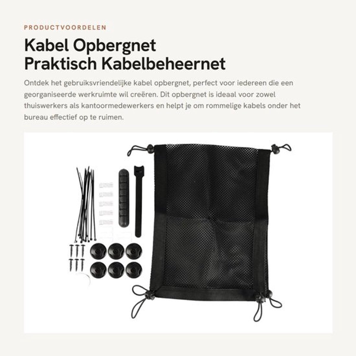 Kabelopbergnet met kabelgoot - Opbergnet onder bureau - Draadopslag - Ruimtebesparend - Eenvoudig te installeren - Praktisch ontwerp - Kabelopbergzak