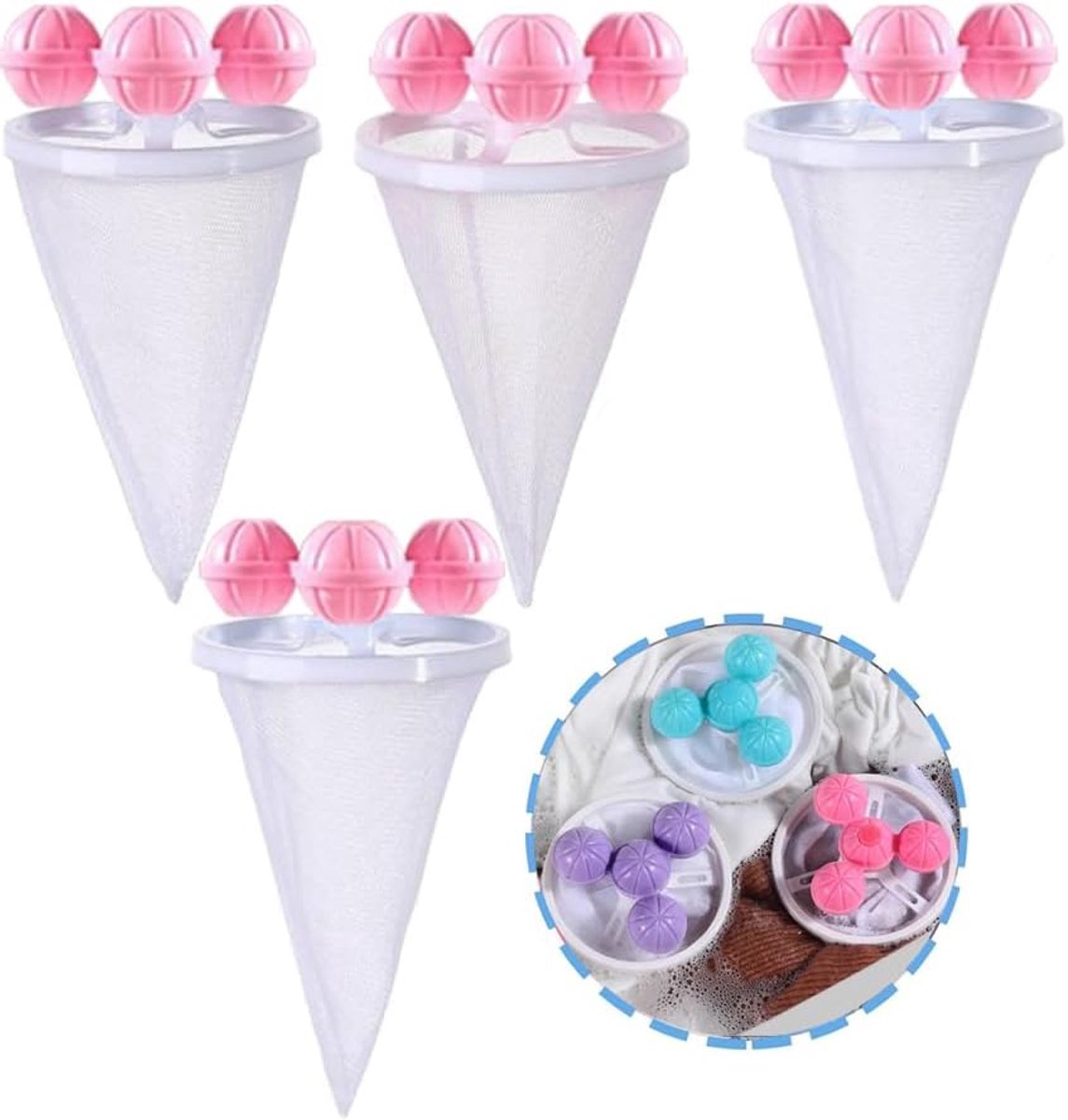 4 stuks - Wasmachine haarfilter drijvend huisdierhaar pluis haarverwijderaar herbruikbaar mesh vuilopvangzak schoonmaakballen (roze)