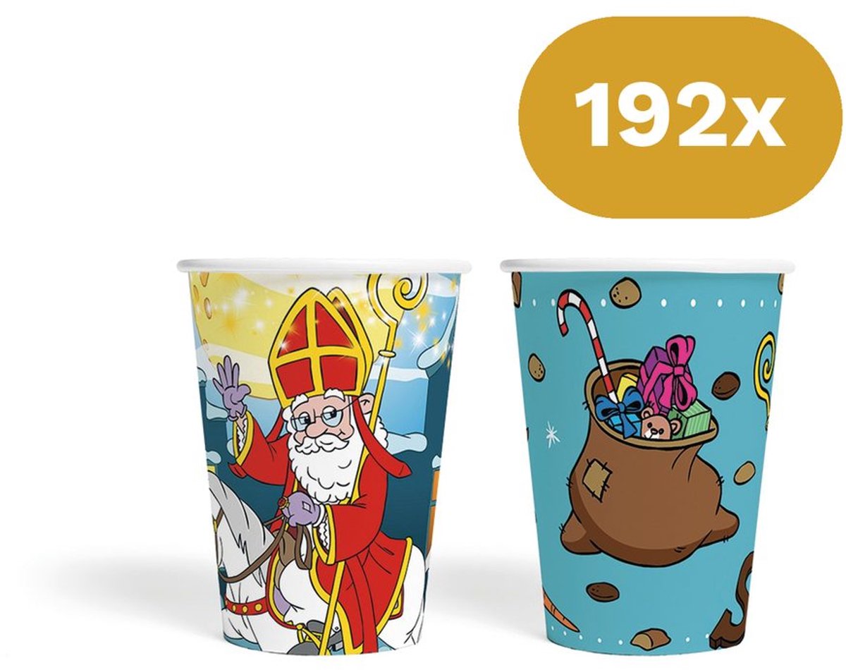 192x Sinterklaas Bekertjes 210ml FSC - Papieren Bekers Sint & Cadeauzak - Pakjesavond Tafelservies