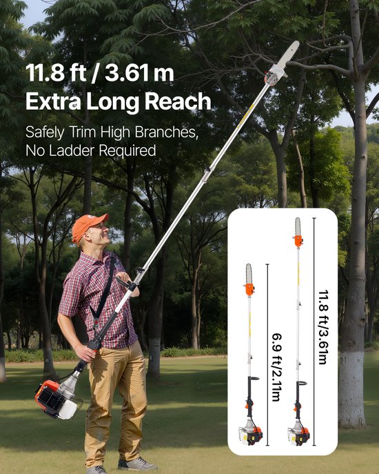 Benzine-Aangedreven Snoeizaag met Steel, 43cc 2-Taktmotor, Telescopische Zaag met Draaibare Kop, Uitschuifbare Steel van 2,11-3,61 m, Zaagblad van 25,4 cm, Brandstoftank van 850 ml, Ideaal voor Het Snoeien van Bomen — afbeelding 5