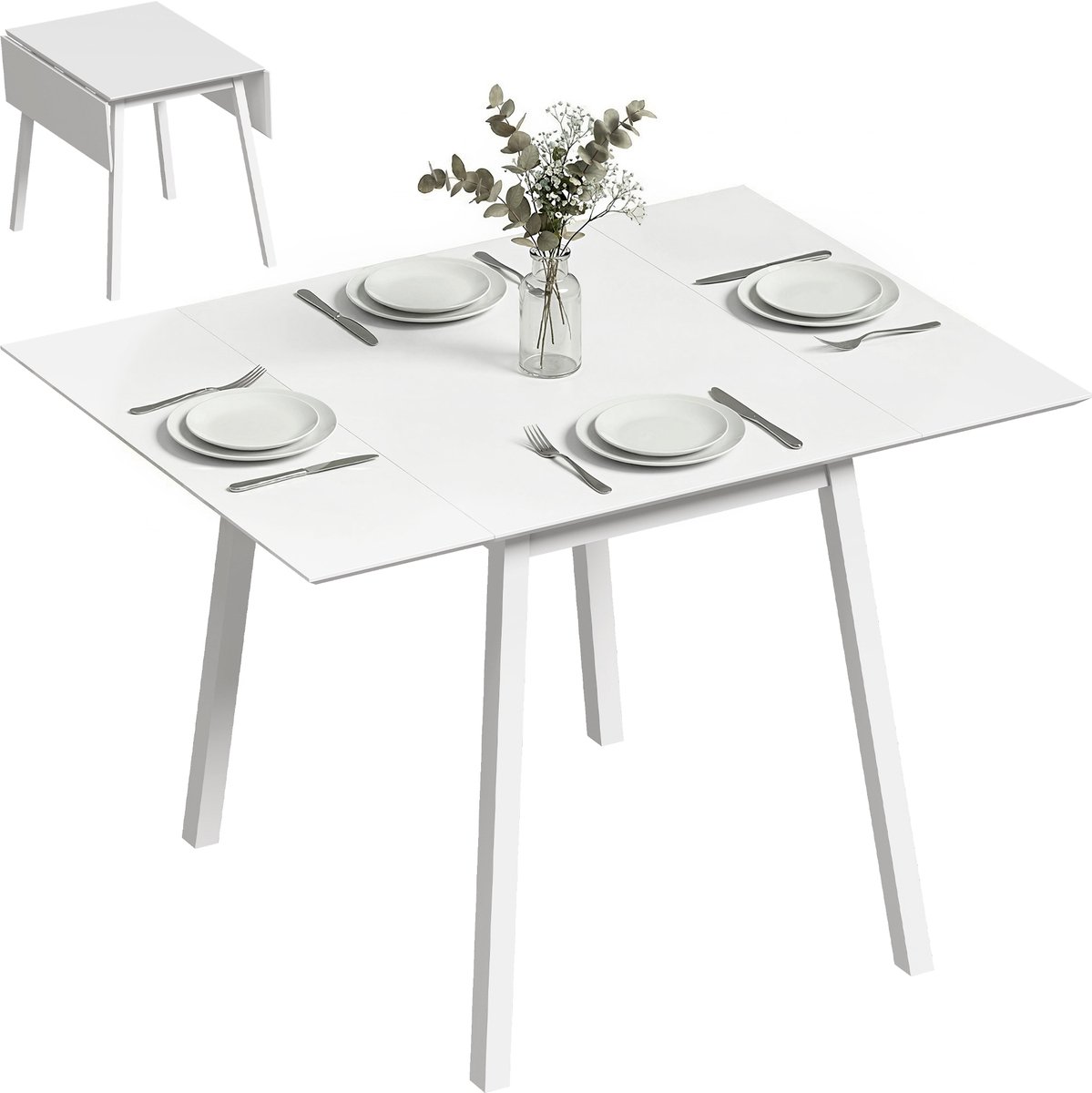 Opklapbare eettafel – voor 2-4 personen – keukentafel – houten eettafel geschikt voor kleine ruimtes – 110 x 86 x 75 cm – wit
