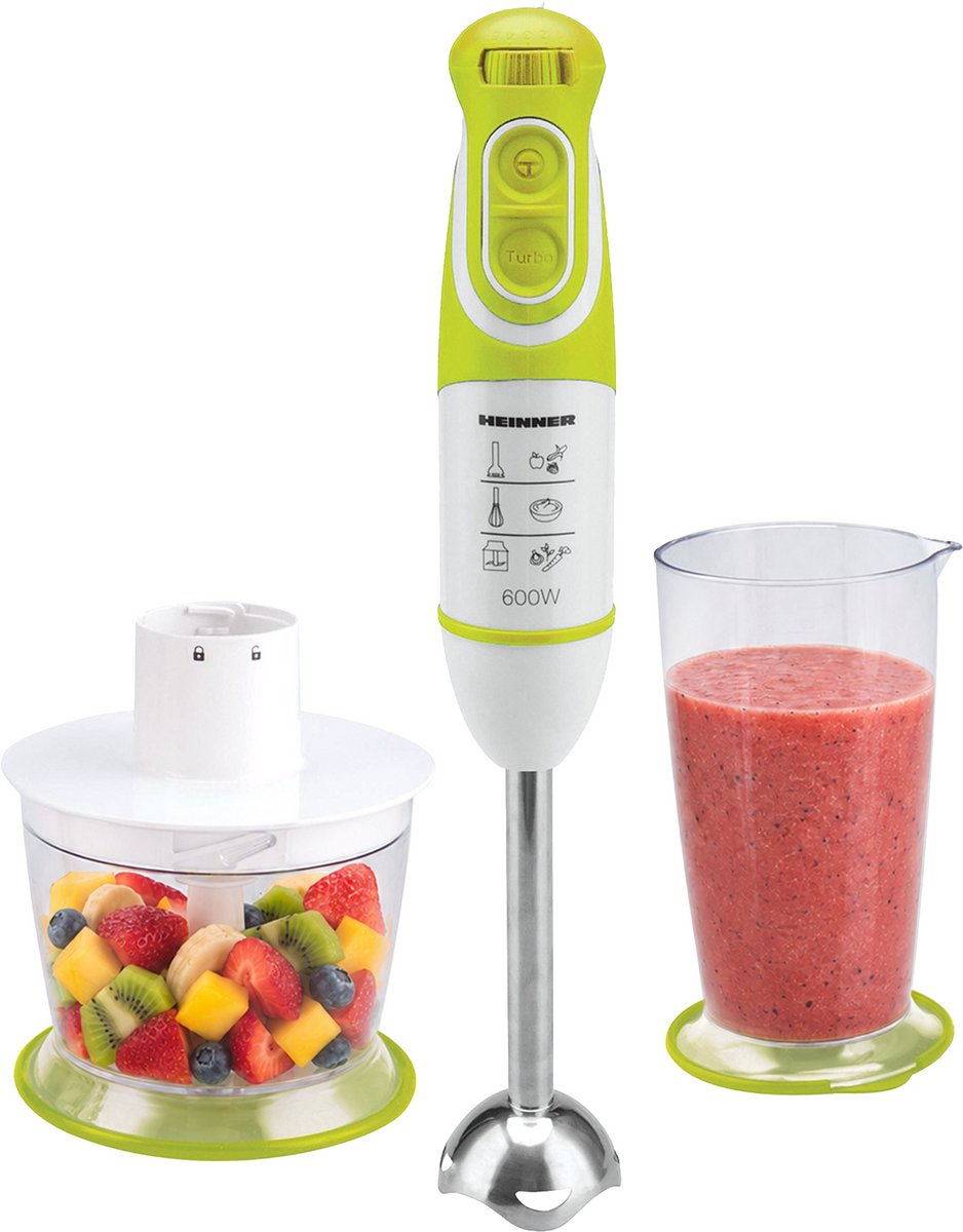 Heinner Staafmixer Set – 600W – 5 Snelheden – Turbo Functie – 700 ml Maatbeker – Hakmolen – Garde – RVS Staaf – Wit/Groen