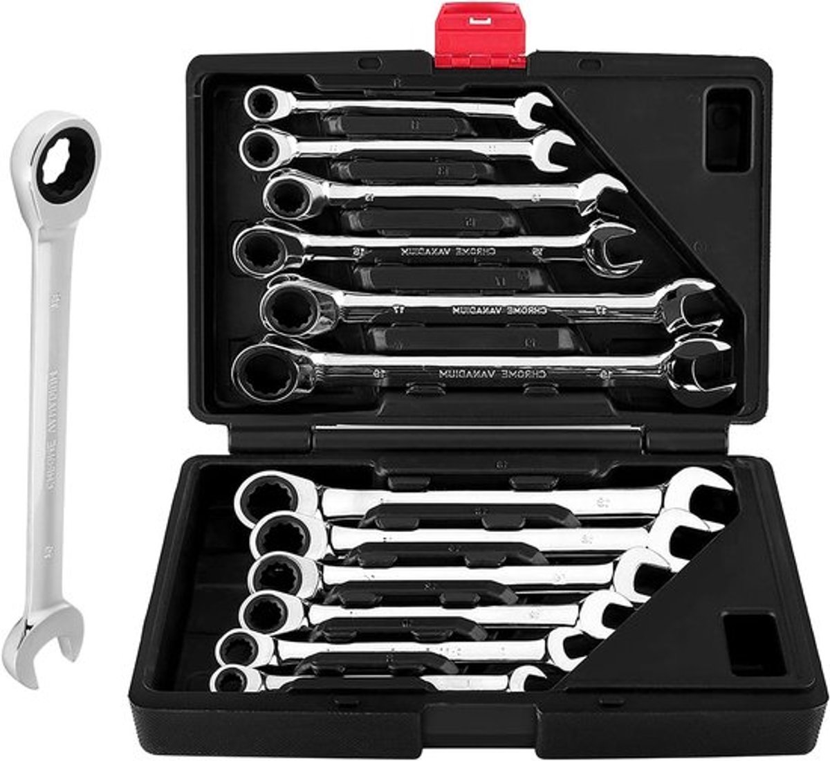 Professionele Ratchet Sleutelset van 12 Stukken, Chrome Vanadium, 72 Tanden, Maten 8-19 mm, Voor Onderhoud en Reparatie