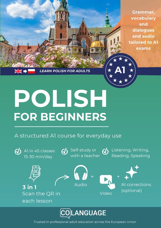 Poster 'Learn Polish for adults': voor beginners, gestructureerde A1 cursus met grammatica, woordenschat, dialogen en audio.