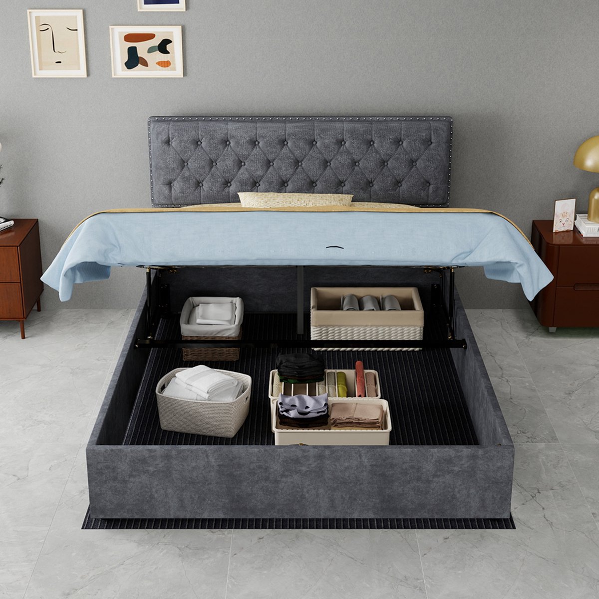 COVREO Bedframe 140x200 cm grijs, gestoffeerd hoofdbord, inclusief matras