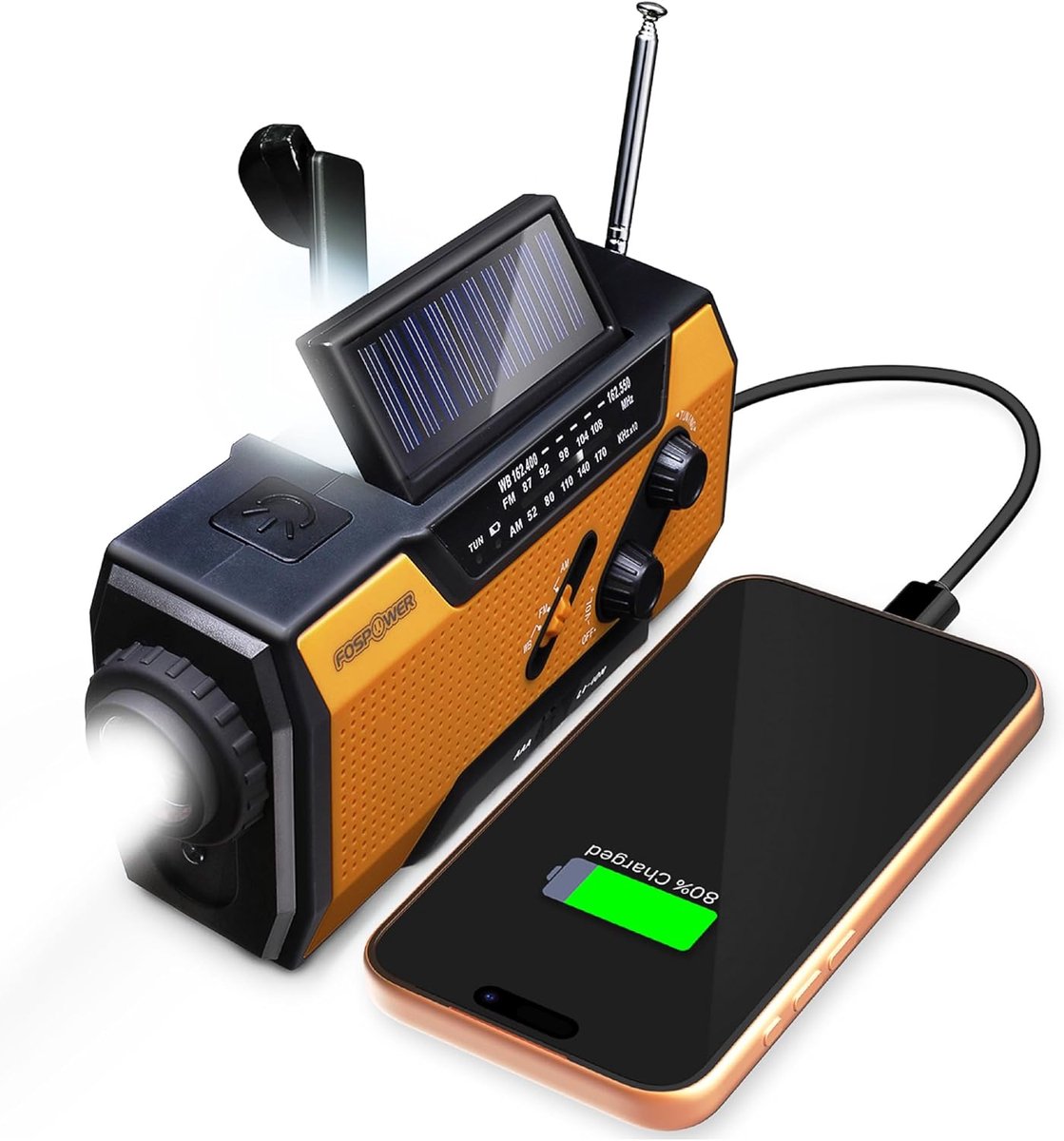 Noodradio met 2000 mAh Powerbank – Solar & Handdynamo – AM/FM – Zaklamp & Leeslamp – Oranje/Zwart