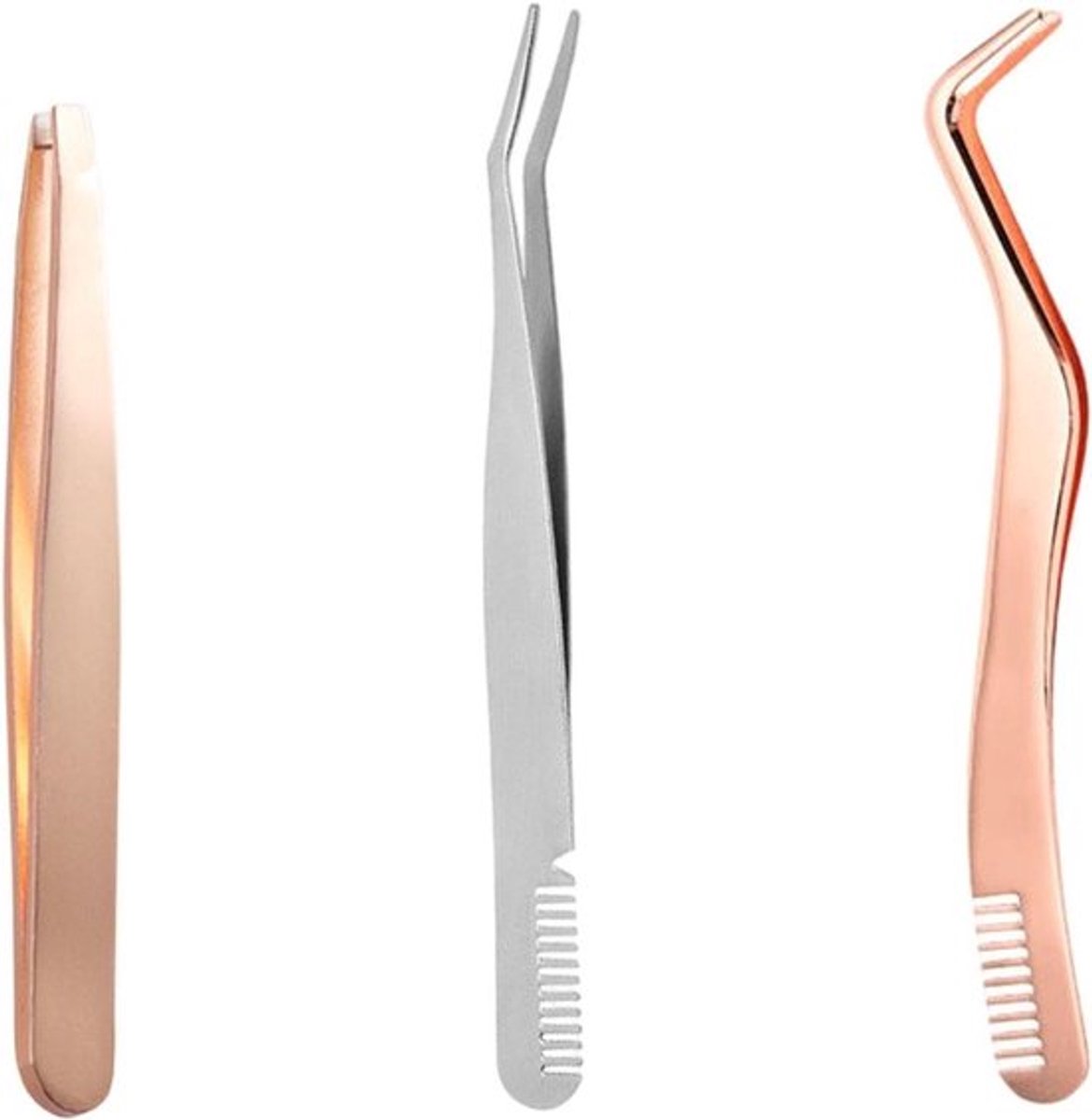 Set van 3 roestvrijstalen pincetten voor wenkbrauwen en wimpers, inclusief combipincet voor nauwkeurig en hygiënisch gebruik bij beautyverzorging