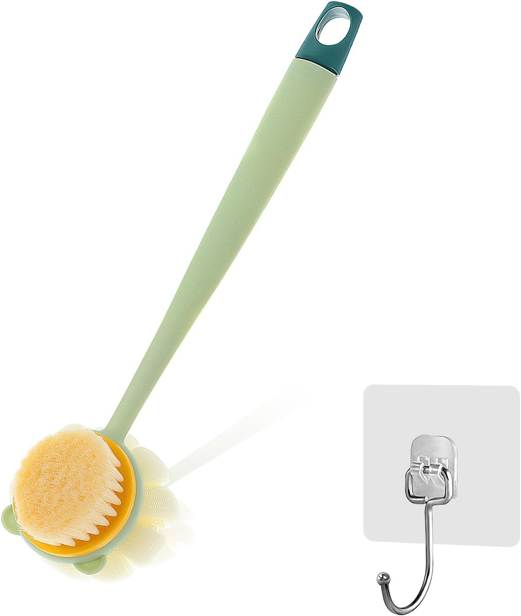 Rugborstel voor de douche - dubbelzijdige doucheborstel met lange steel - badborstel met 1 haak voor peeling en massage - natte en droge borstel voor lichaamsreiniging - voor mannen en vrouwen