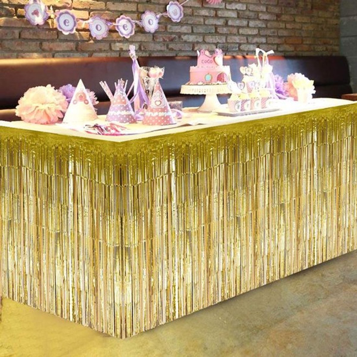 Decoratieve kwastjestafelrok voor rechthoekige ronde tafel, verjaardag, bruiloft, feest (goud) (goud)