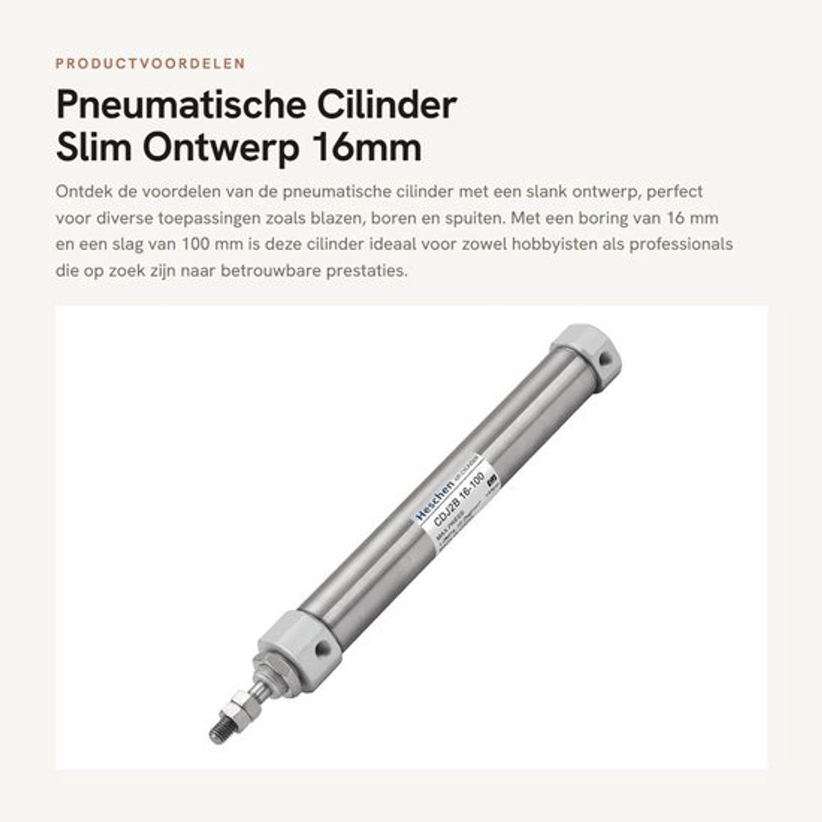 Pneumatische Cilinder - Slim Ontwerp - 16mm Bore - 100mm Slag - Handmatig Bediening - Ideaal voor Diverse Toepassingen - Metaal