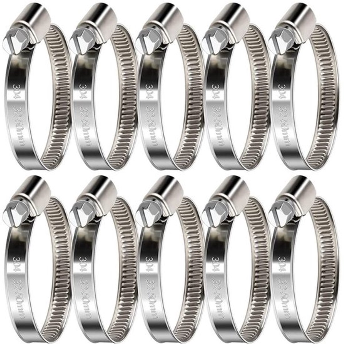 Slangklemmen 10 stuks 32-50 mm - RVS slangklemmen - Corrosie- en roestbestendig - Water- en oliebestendig - Verstelbaar - Hoogwaardig 304 roestvrij staal - Slangklem
