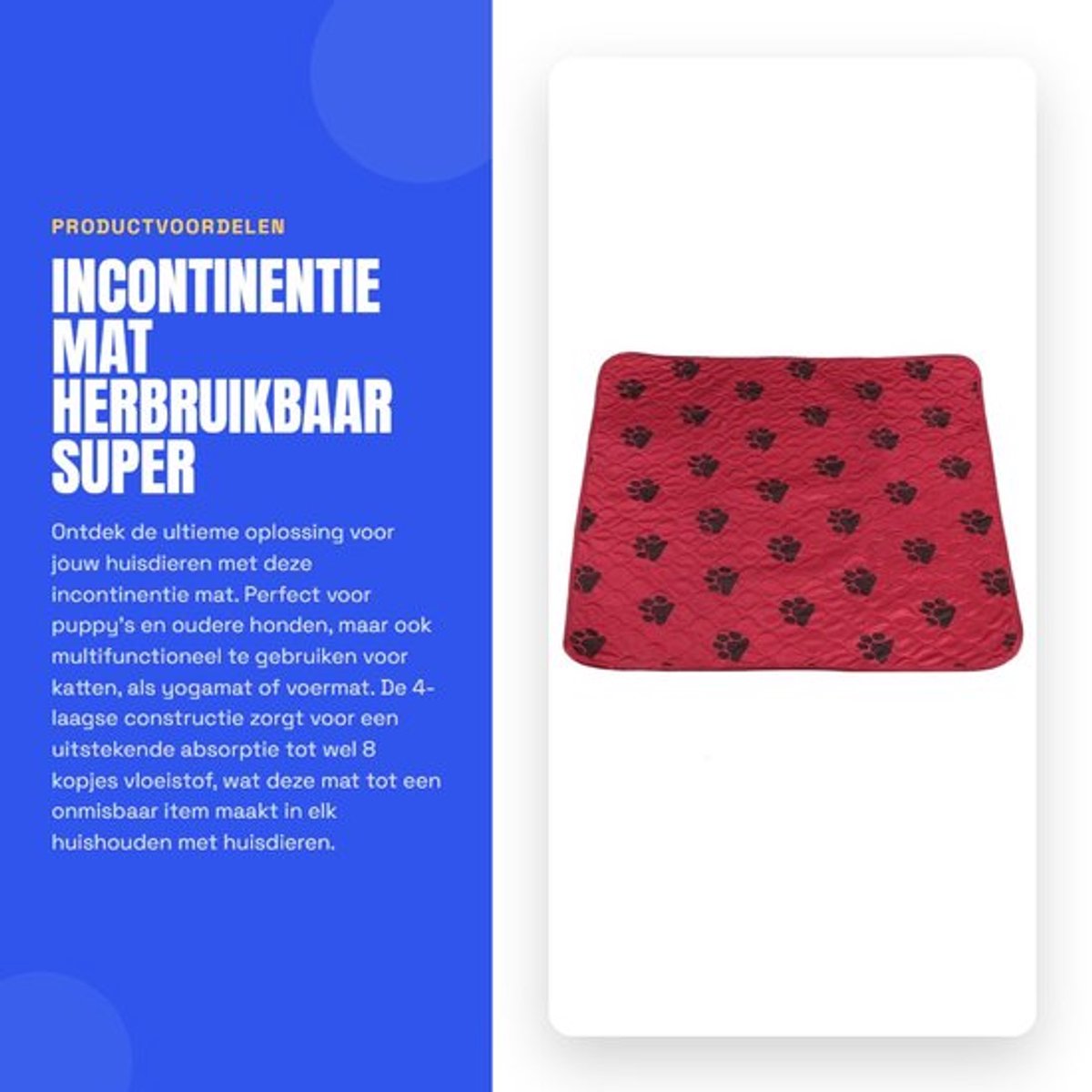 Incontinentiemat 4-Laags - Absorberend - Waterdicht - Wasbaar tot 60°C - Herbruikbaar - Vochtblokkering voor vloeren - Hondenmat