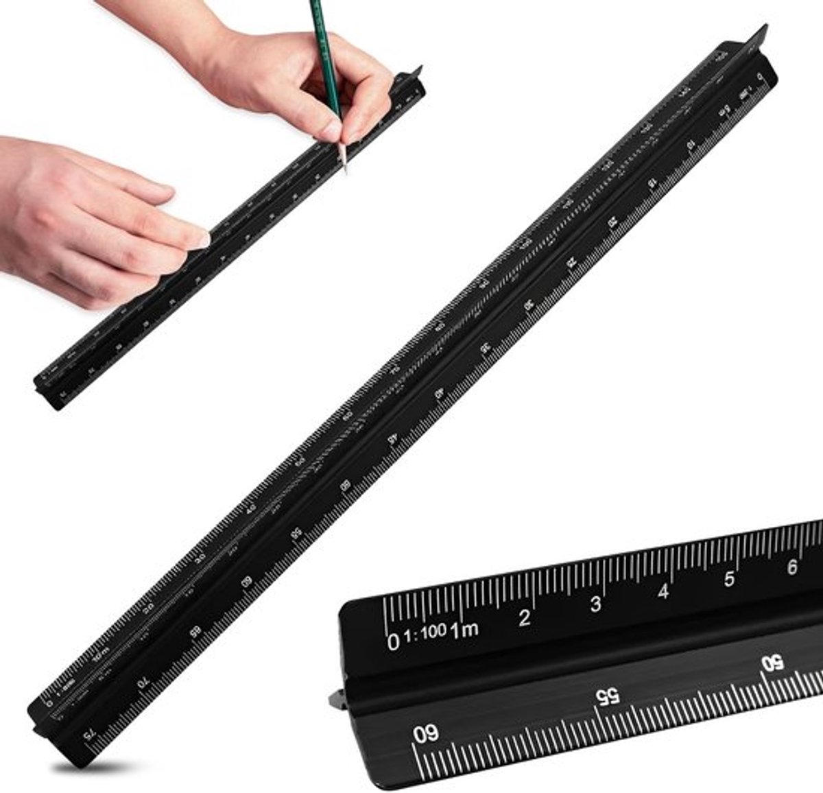Driehoeksmeetlat, 30 cm meetlat van aluminium, meetlat voor architecten, studenten, tekenaars en ingenieurs, zwart (1:100, 1:200, 1:250, 1:300, 1:400, 1:500)