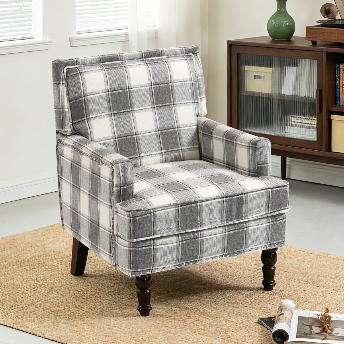 Wishdor Fauteuil - Retro & vintage - Gestreept - Met armleuningen - Katoen-linnen - Wit grijs - Houten poten - 69x69x89 cm