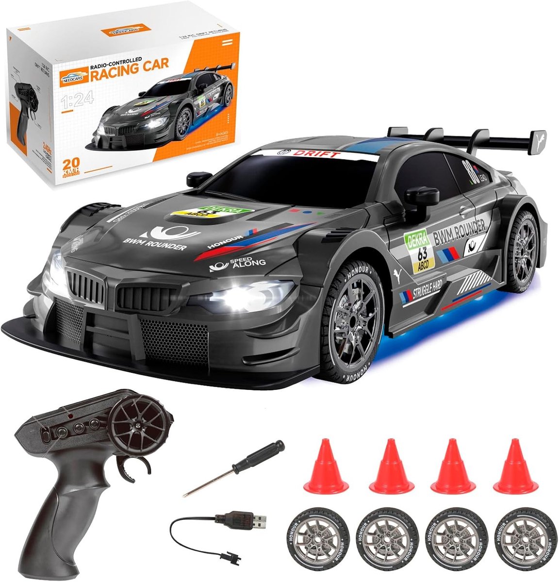 Rc drift car - Zwart - 1:24 schaal - ABS kunststof - Afstandsbediening voor kinderen en hobbyracers