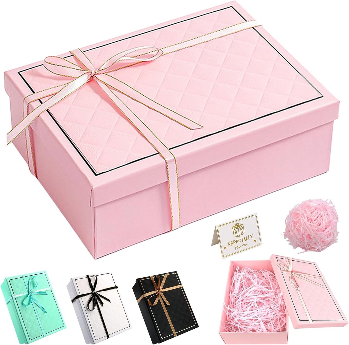 Roze Cadeaubox met Deksel 22 x 18 x 8,5 cm | Inclusief Strik, Raffia en Wenskaart | Perfect voor Verjaardag, Kerst en Valentijnsdag