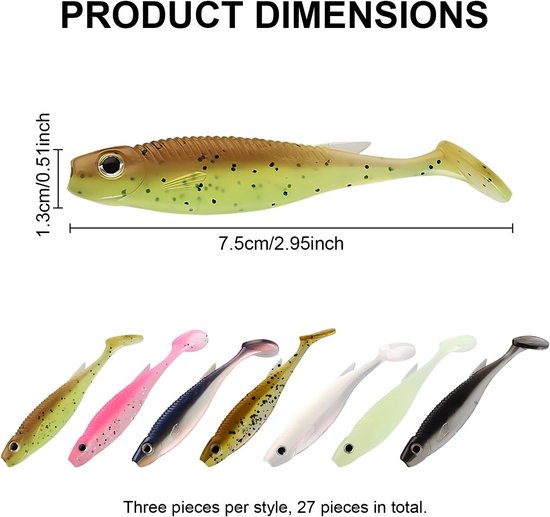 Rubberen visaas set van 21 stuks, 7,5 cm, ideaal voor roofvissen, kunstaas voor forel en baars, zacht en effectief voor zoet en zout water — afbeelding 5