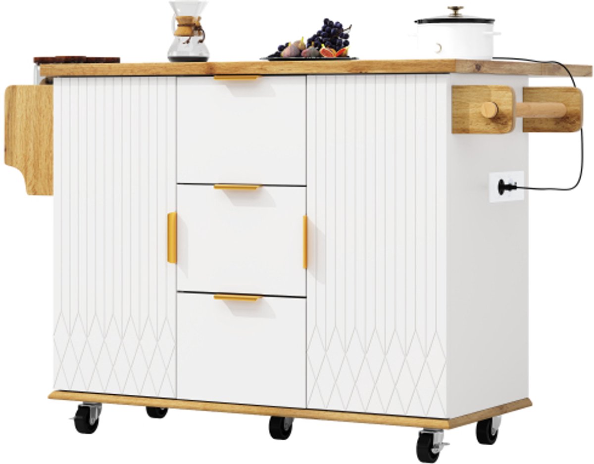 Re-purelife® mobiele keukenwagen Keukentrolley met Uitklapbaar Werkblad en Stopcontact - Mobiel Keukeneiland met 3 Lades en 2 Kasten op Wielen - Wit Houtlook - 134×46×88 cm