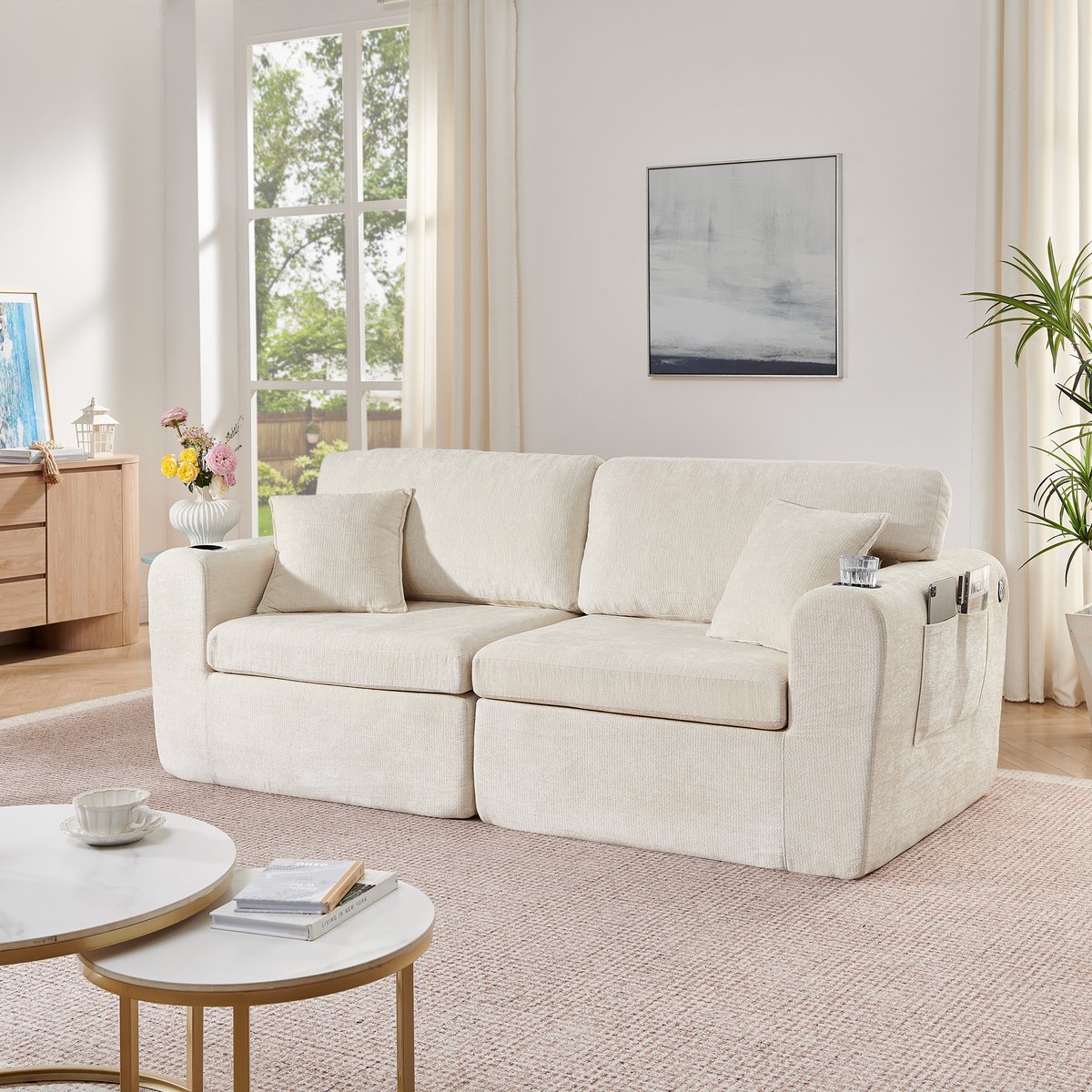 Wishdor 2-zits relaxsofa - Compact voor kleine ruimtes - Chenille - Opbergzak - Bekerhouder - Kussens - Beige - 220 x 100 x 89 cm