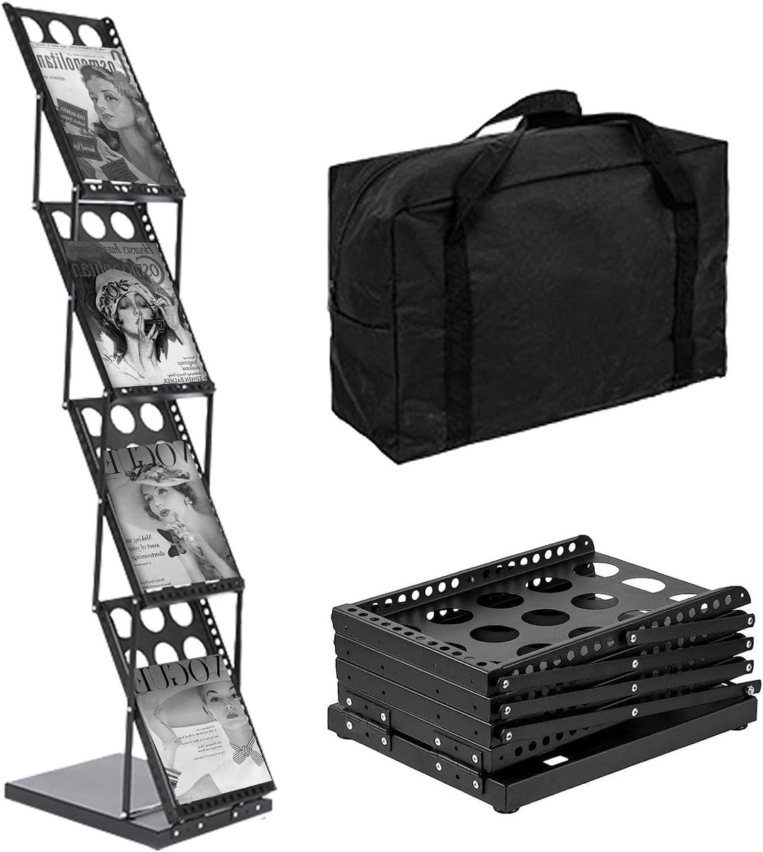 Draagbare zwarte brochurehouder voor A4, magazine- en catalogusdisplay, opvouwbare metalen flyerstand met gaatjesontwerp en tas