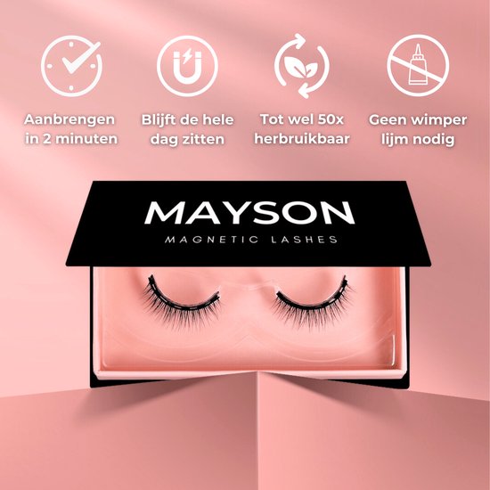 Mayson Magnetic Lashes in een geopende verpakking. Icons: aanbrengen in 2 minuten, blijft de hele dag zitten, 50x herbruikbaar, geen wimperlijm nodig.