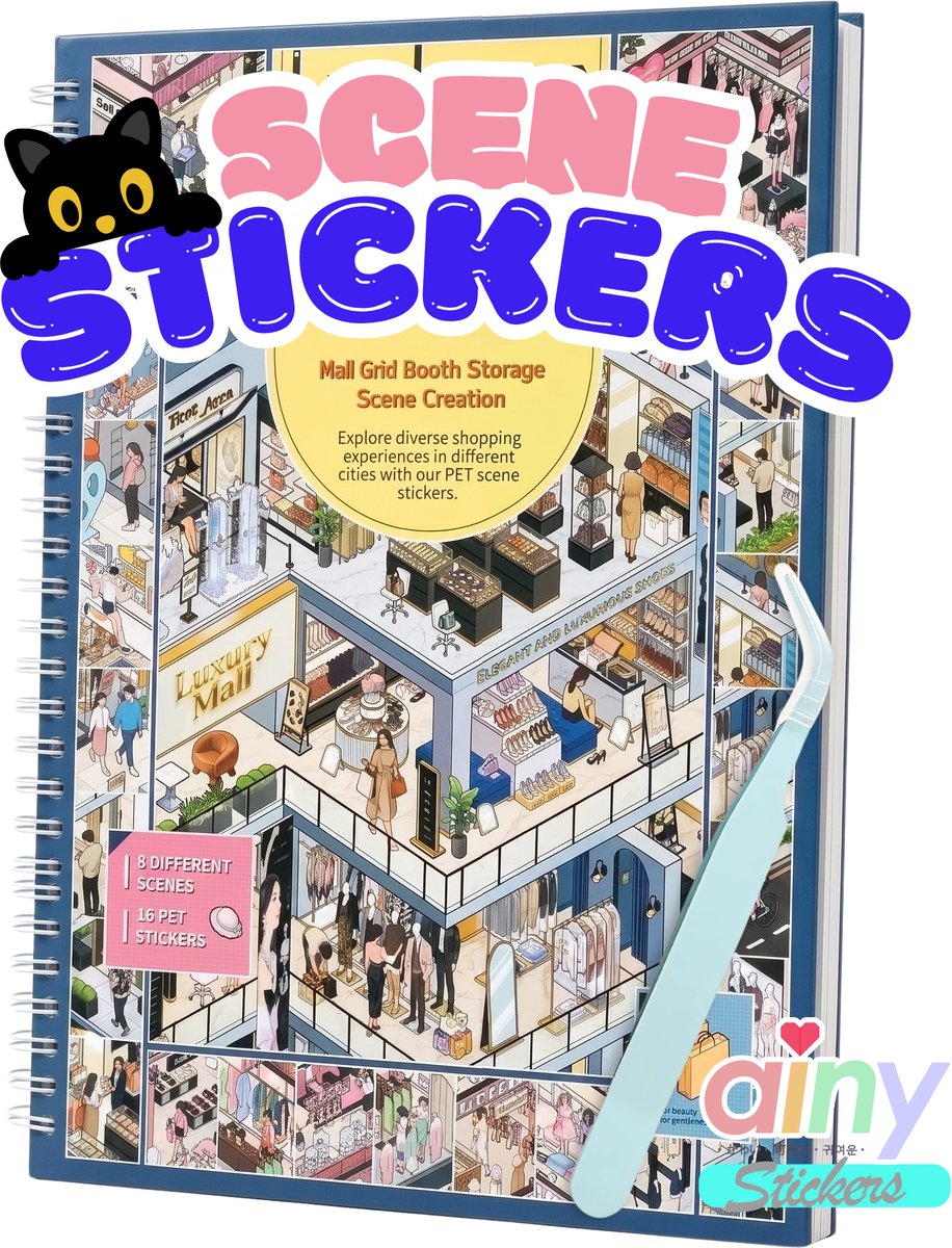 Ainy - Scene 3D Stickerboek Blauw L | Inclusief Pincet | Set van 8 Achtergronden 20x28cm met PET Stickers | Supermarkt Therapie miniatuur sticker | Creatief & Rustgevend vakantieboek | Stickervellen voor volwassenen en kinderen