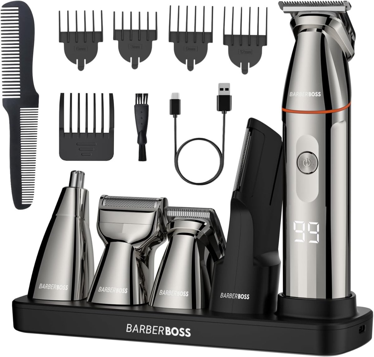 Trimmer voor mannen - Zwart - 5-in-1 Baard- en Haarverzorgingsset - Roestvrij Staal - Voor Gezicht en Lichaam
