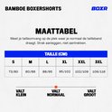 Maattabel voor BOXR bamboe boxershorts met maten S, M, L, XL, XXL, 3XL en bijbehorende tailleomvang in cm. Indicaties "Valt klein", "Valt normaal", "Valt groot".