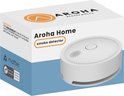 Verpakking van de Aroha Home rookmelder. Witte doos met productafbeelding en logo's.