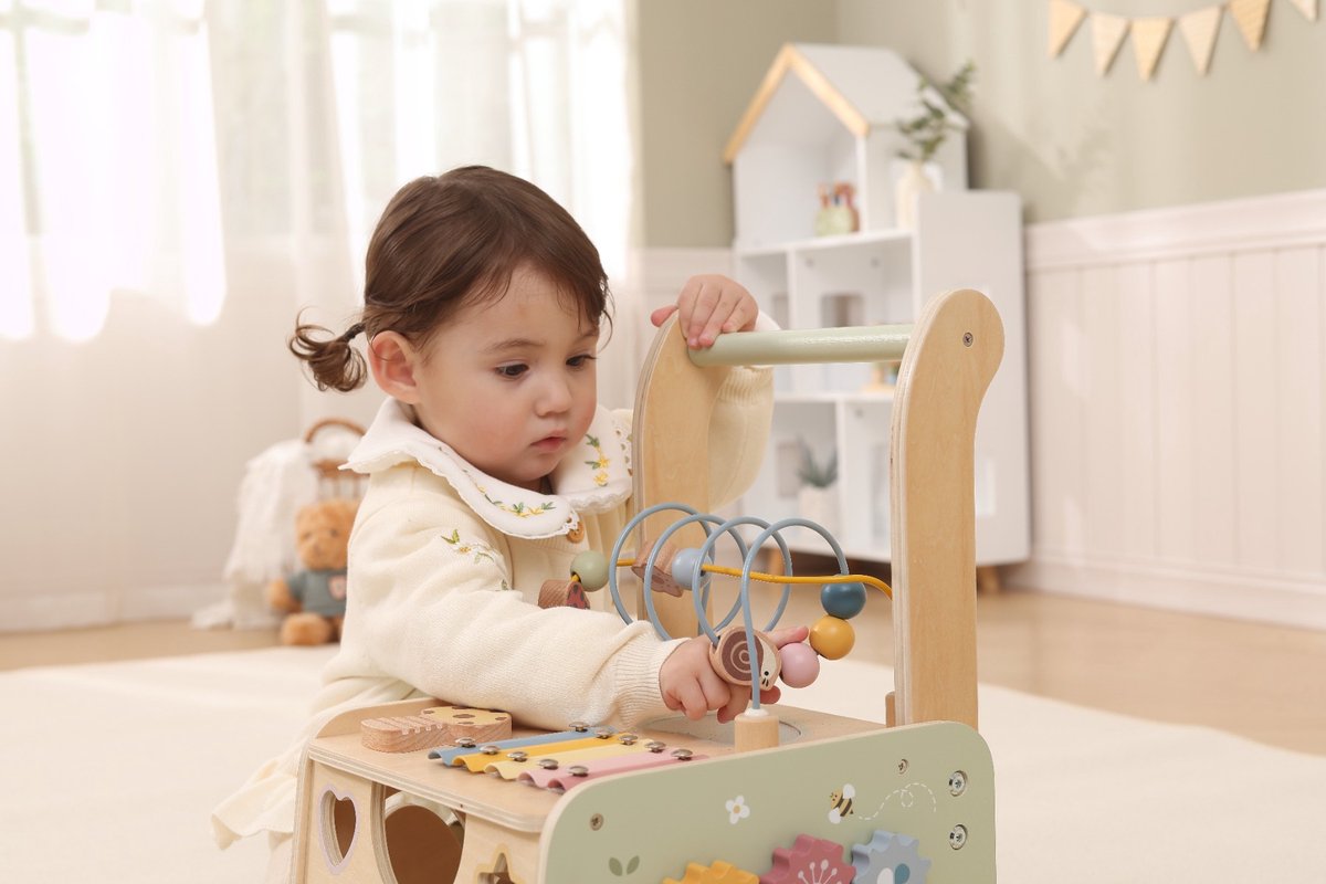 PolarB Houten Loopwagen met Activiteiten - Baby Walker met Blokken, Kralenbaan, Vormenstoof en Muziekinstrument - Educatief Speelgoed vanaf 12 Maanden – foto 8