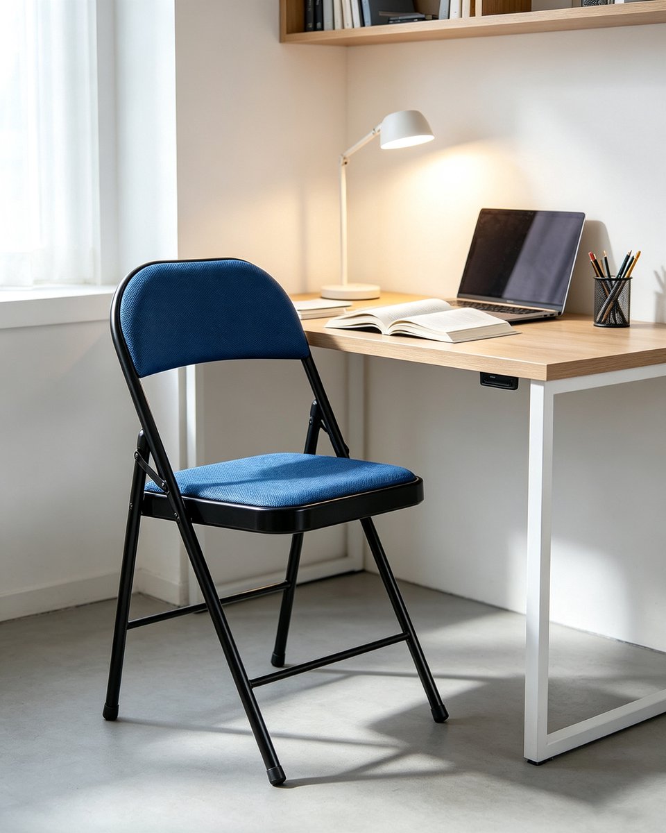 Klapstoel met blauw zacht gaas zitkussen stalen frame afmeting 47x45x79 cm draagvermogen 150 kg ergonomisch zitvlak voorkomt vermoeidheid bij langdurig zitten thuis kantoor en evenementen