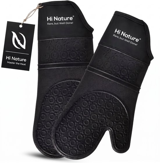 Deux gants de cuisine noirs Hi Nature avec logo de marque, avec étiquette.