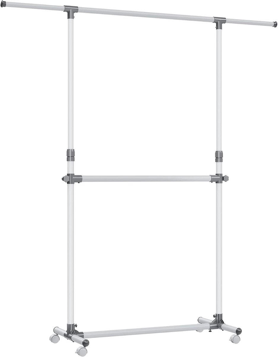 SONGMICS Kledingrek met uittrekbare bovenstang, kledingrek op wielen, kledingrek op wielen, 113-180 cm in hoogte verstelbaar kledingrek, verstelbare middenrail, wit
