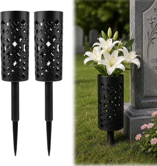 Grafvaas - 2 Stuks - Grafdecoratie - Grafsteker - Bloemenvaas voor herdenkingsplaats/kerkhof - Bloemenvaas - Grafvazen met Grondpen - Grondpen - Voor begraafplaats en tuin - Zwart