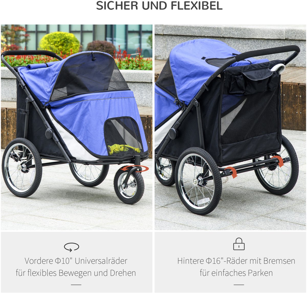 COVREO Hondenbuggy 111x70x97,5 cm blauw, opvouwbaar met netvenster