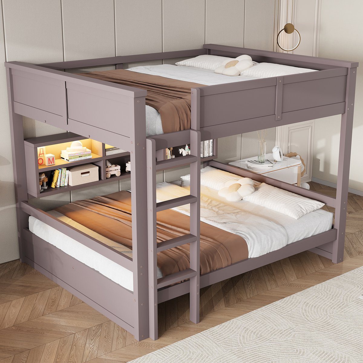 Wishdor Stapelbed 160x200 cm - met opbergruimte en ledverlichting - hout en mdf - bruin - 204 x 165 x 160 cm Brown