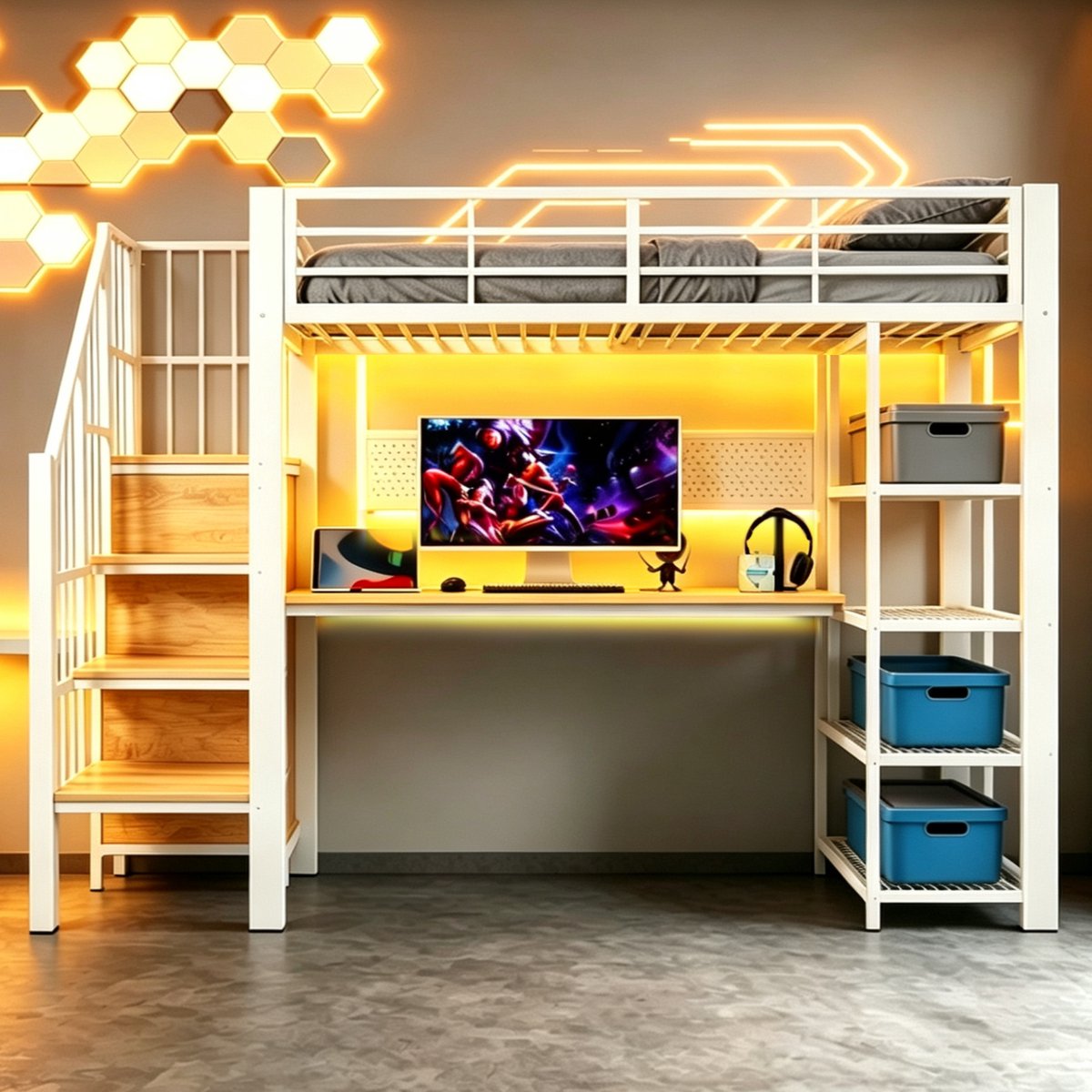 Wishdor Hoogslaper 90x200 cm - met bureau en opbergruimte - met LED-verlichting en stopcontact - metalen bed - wit - eenpersoons