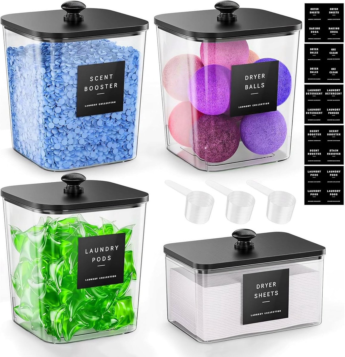 Set van 4 wasmiddelpods en 2,5 l waspoederhouder met bamboedeksel, acryl organizer voor badkamer met maatlepels en etiketten