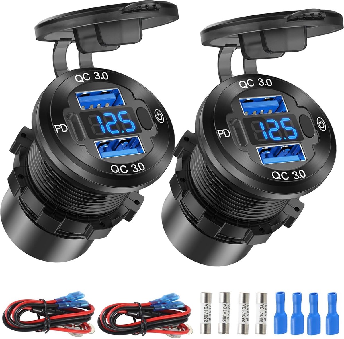 USB-autolader met meerdere poorten - Zwart - 12 V - Aluminium - Voor Auto en Boot