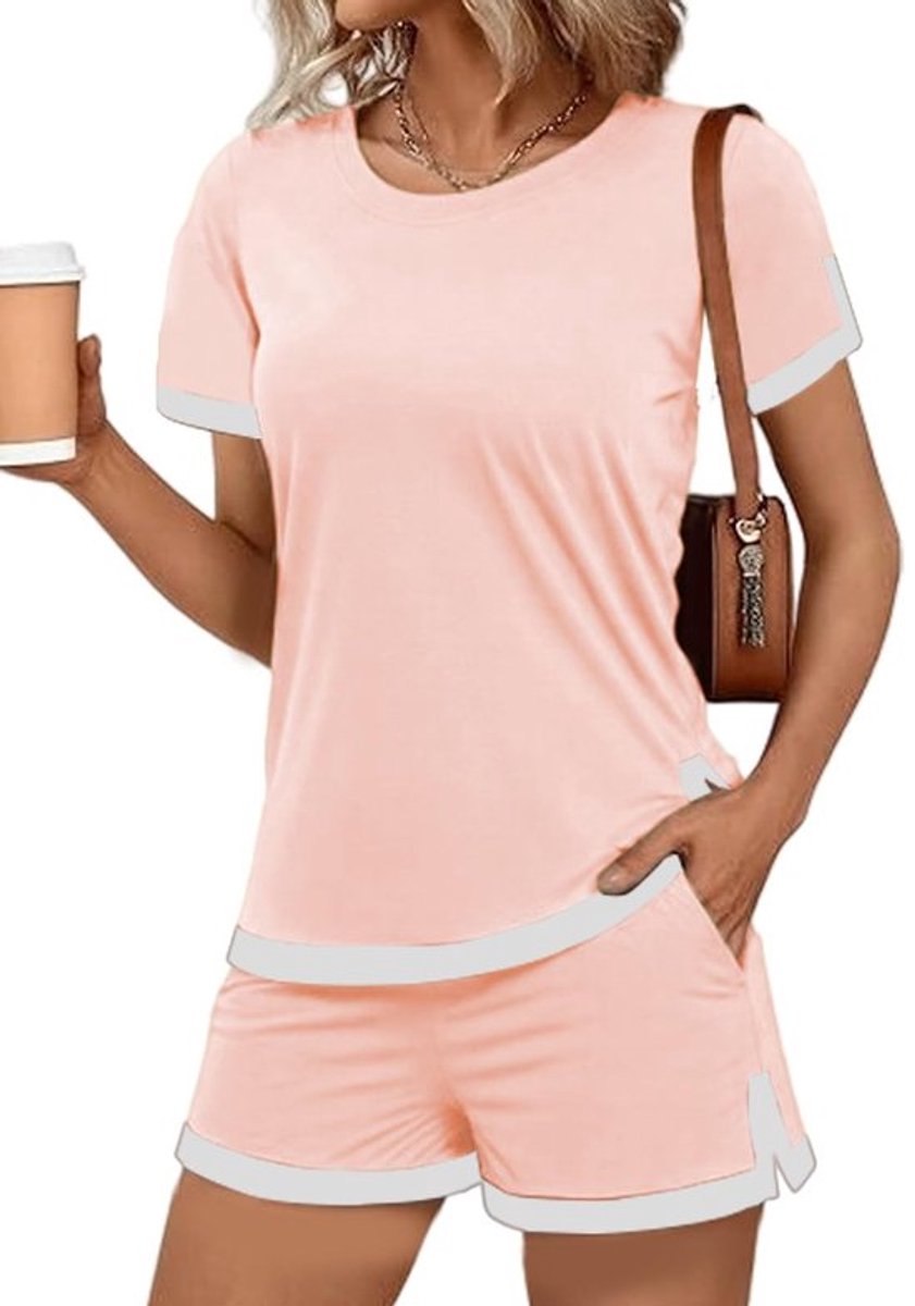 Pyjama Dames Korte Set - Zomer Pyjama - Shorts met Zakken - Ronde Hals - Zacht Rekbaar Materiaal - Machinewasbaar - Loungewear