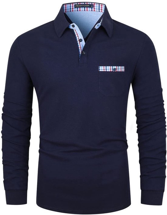 Marineblauw poloshirt met lange mouwen, geruite kraagaccenten en borstzak.