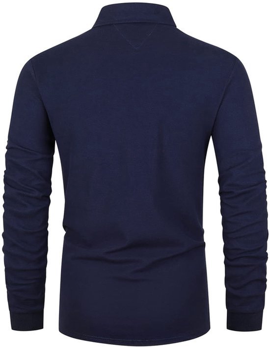 Marineblauw poloshirt met lange mouwen en een effen achterkant.